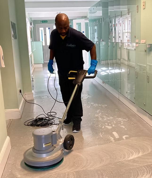 Floor cleaning in progress